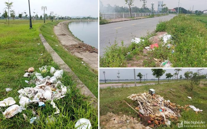 Các loại hộp, bao ni lon cùng đồ ăn, thức uống dư thừa cũng nhan nhản trên thảm cỏ, bờ kè. Ảnh: Nhật Lân