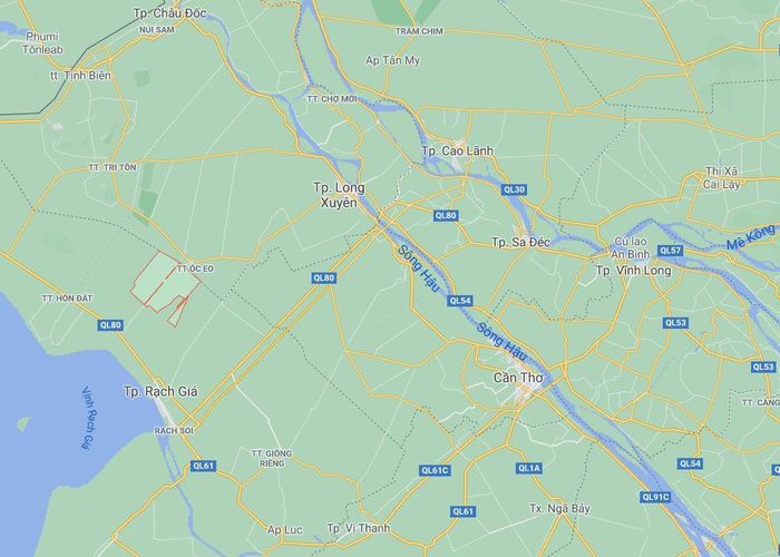  Xã Mỹ Hiệp Sơn (khoanh đỏ) thuộc huyện Hòn Đất, Kiên Giang. Ảnh: Google Maps. 