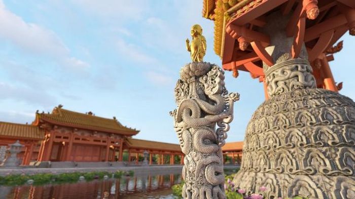 Tòa Thích ca sơ sinh đặt trong ao Linh Chiêu, cạnh Liên Hoa Đài - trung tâm của chùa Diên Hựu thời Lý. Ảnh: Sen Heritage