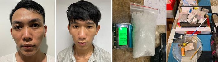 2 đối tượng Duy và Tùng (từ trái qua) và tang vật vụ án.
