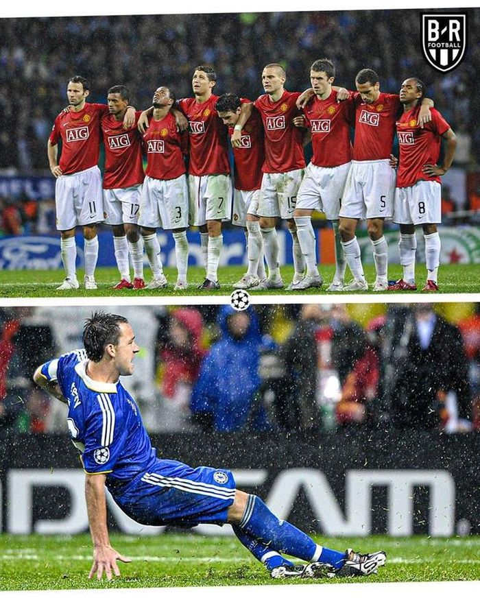 3. Man United vs Chelsea (2007/2008). Đây là trận chung kết Champions League đầu tiên của Chelsea. Tuy nhiên, nó lại diễn ra theo cách nghiệt ngã với The Blues, khi trung vệ đội trưởng John Terry trượt chân, sút hỏng quả đá luân lưu quyết định, sau đó đến lượt Anelka thất bại và Chelsea đành nhìn M.U đoạt cúp.