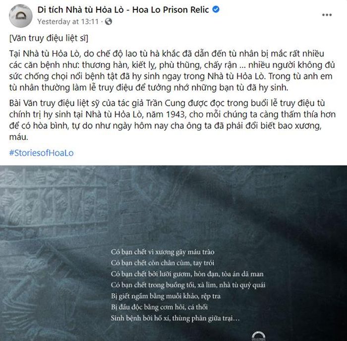  Một trong những bài đăng xúc động của fanpage Di tích nhà tù Hỏa Lò. Nguồn ảnh: Fanpage Di tích nhà tù Hỏa Lò. 