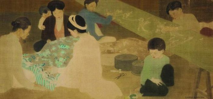 Tác phẩm “Xưởng thêu” - sáng tác khoảng 1936-1937, tranh lụa của Lương Xuân Nhị