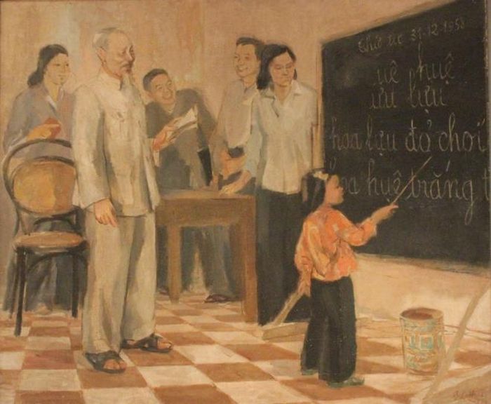 Tác phẩm “Bác Hồ thăm lớp vỡ lòng” - sơn dầu của Đỗ Hữu Huề vẽ năm 1976