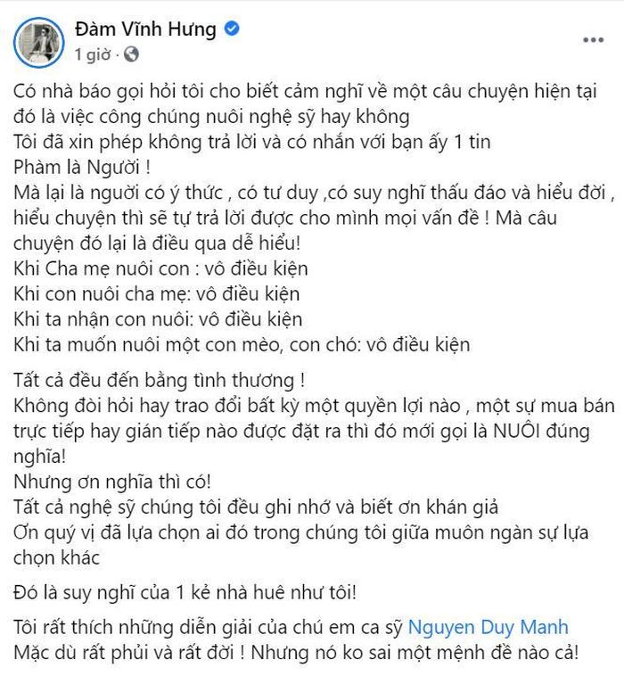 Đàm Vĩnh Hưng bày tỏ quan điểm của mình.
