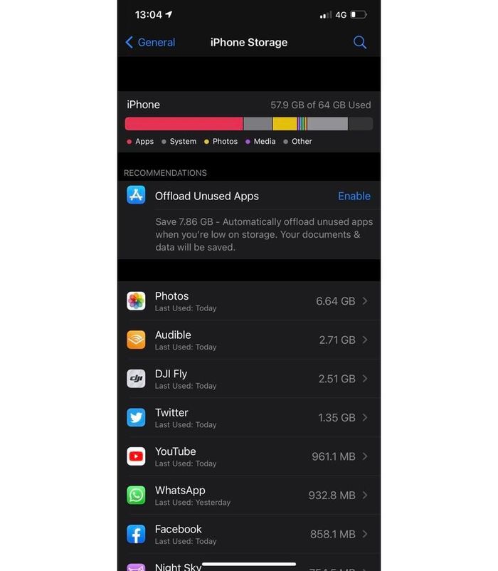 Mục Dung lượng iPhone liệt kê các thành phần đang chiếm nhiều bộ nhớ. Ảnh: Zdnet.