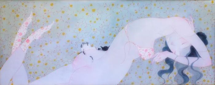 Tác phẩm “Gái lười mèo lười 4” (mực acrylic trên lụa, 60cm x 150cm, 2019)