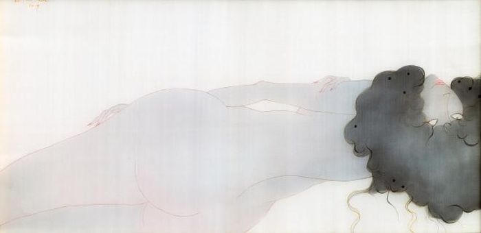 Tác phẩm “Ẩn lan” (mực acrylic trên lụa, 48cm x 97cm, 2019)