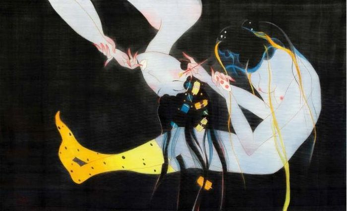 Tác phẩm “Khẽ chạm 2” (mực acrylic trên lụa, 67cm x 110cm, 2020)