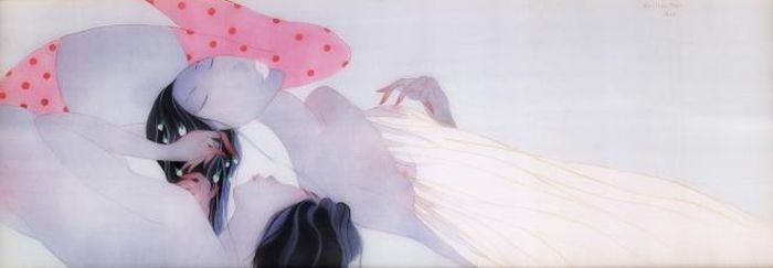Tác phẩm “Lời thì thầm” (mực acrylic trên lụa, 46cm x 125cm, 2020)