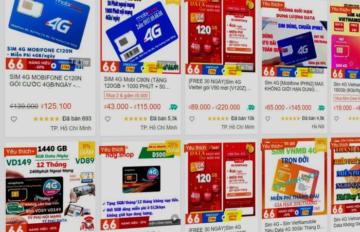 Các loại SIM 4G giá rẻ không cần đăng ký chính chủ bán tràn lan trên các chợ mạng.
