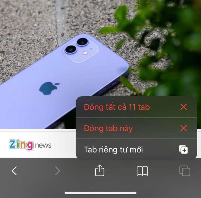 Khi nhấn giữ, Safari hiển thị tùy chọn đóng cùng lúc tất cả tab đang mở. Ảnh chụp màn hình.