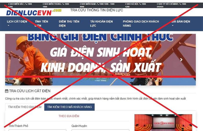 Trang web giả mạo thương hiệu EVN.