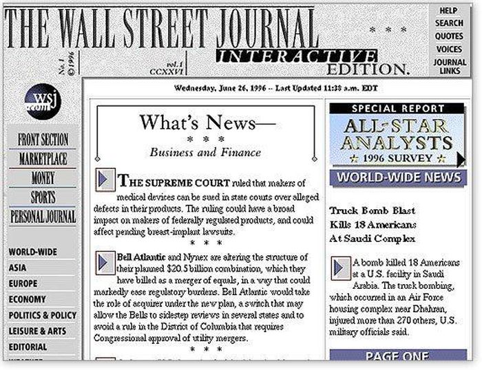 Giao diện The Wall Street Journal những ngày đầu thu phí.