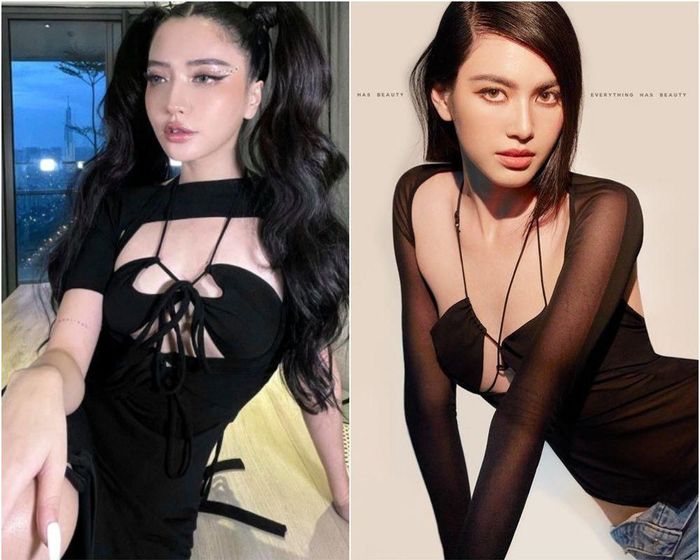 Trang phục của Mai Davika diện đến từ thương hiệu Dojaka. Dễ thấy 2 bộ đồ có phần ngực được thiết kế dây nhợ "na ná" nhau, tuy nhiên, bộ của Bích Phương vẫn an toàn hơn nhiều.