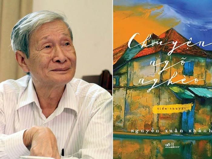 Nhà văn Nguyễn Xuân Khánh và bìa cuốn tiểu thuyết "Chuyện ngõ nghèo"