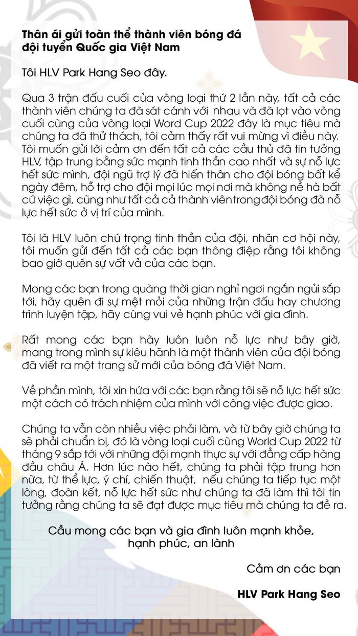 Thư cảm ơn của huấn luyện viên Park Hang Seo. (Ảnh: VFF)
