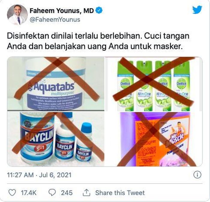 Một tweet của TS Younus bằng tiếng Bahasa nói về những hiểu nhầm liên quan đến chất khử trùng