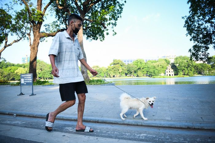  Nhiều người mang theo thú cưng dạo mát vào sáng sớm. 