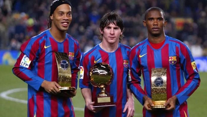 Bộ tam tấu Ronaldinho - Messi - Eto’o làm mưa làm gió một thời ở làng bóng châu Âu. Ảnh: CGI.