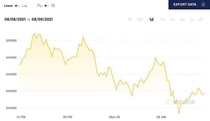 Giá Bitcoin có thời điểm rơi xuống dưới mốc 43.000 USD/đồng sau khi xuyên thủng ngưỡng quan trọng 45.000 USD/đồng. Ảnh: Coin Desk.