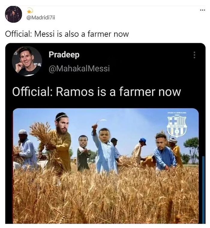 Một người khác đăng hình ảnh cánh đồng lúa mì ghép với ảnh Ramos, Neymar, Wijnaldum và Mbappe đang chăm chỉ làm việc, ám chỉ Ligue 1 là “giải đấu nông dân”.
