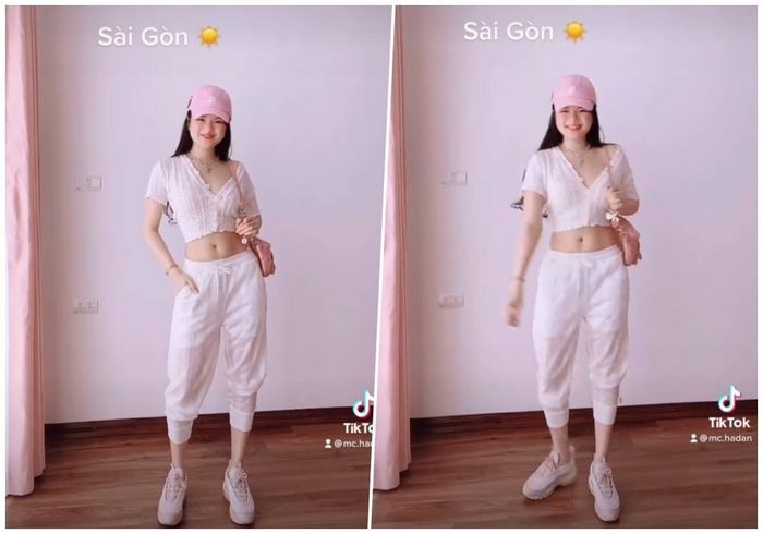 Cuối cùng trong chuyến hành trình đi du lịch khắp các miền đất nước, Hà Đan cũng không quên đến thăm Sài Gòn. Để phù hợp với tính chất năng động của thành phố mang tên Bác, cô nàng lựa chọn cho mình set đồ đơn giản nhưng cực năng động với quần jogger và croptop. Vì Sài thành lúc nào cũng nắng nóng, việc chọn diện đồ trắng mát mẻ, không quên đội thêm chiếc mũ lưỡi trai chính là một trong những "tuyệt chiêu" giải nhiệt hiệu quả nhất. 