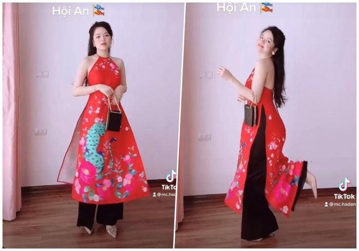 Dừng chân tại Hội An, không gì thích hợp hơn là áo yếm cách điệu mặc cùng quần đen, đeo hoa tai ngọc trai đẹp tựa nàng thơ. Với cái nắng gắt và những mảng tường vàng ở địa điểm du lịch này, sắc đỏ của trang phục chắc chắn sẽ giúp cô nàng trở nên nổi bật. 