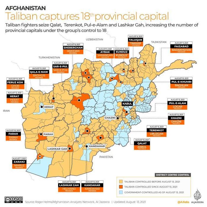 Các tỉnh mà Taliban chiếm được thủ phủ (màu da cam đậm). Ảnh: Al Jazeera