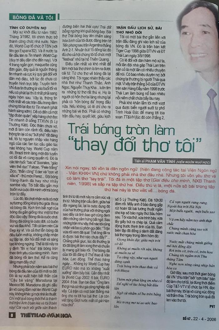 Bài báo của Phạm Văn Tình trên "Thể thao và Văn hóa" ngày 22/4/2006