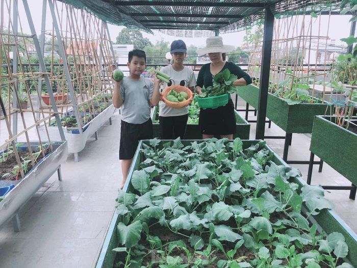 Khu vườn sân thượng rộng lớn của gia đình chị Gấm, Anh Huynh hầu hết làm bằng vật liệu tái chế từ tôn, thùng nhựa, miễn cái gì phù hợp, rẻ tiền là anh chị tận dụng. Do đó tổng chi phí đầu tư khoảng 50 triệu đồng. Nhờ được thiết kế hợp lý nên sân thượng lúc nào cũng sạch sẽ, không có nước và bùn đất rơi vãi kể cả khi trời mưa.