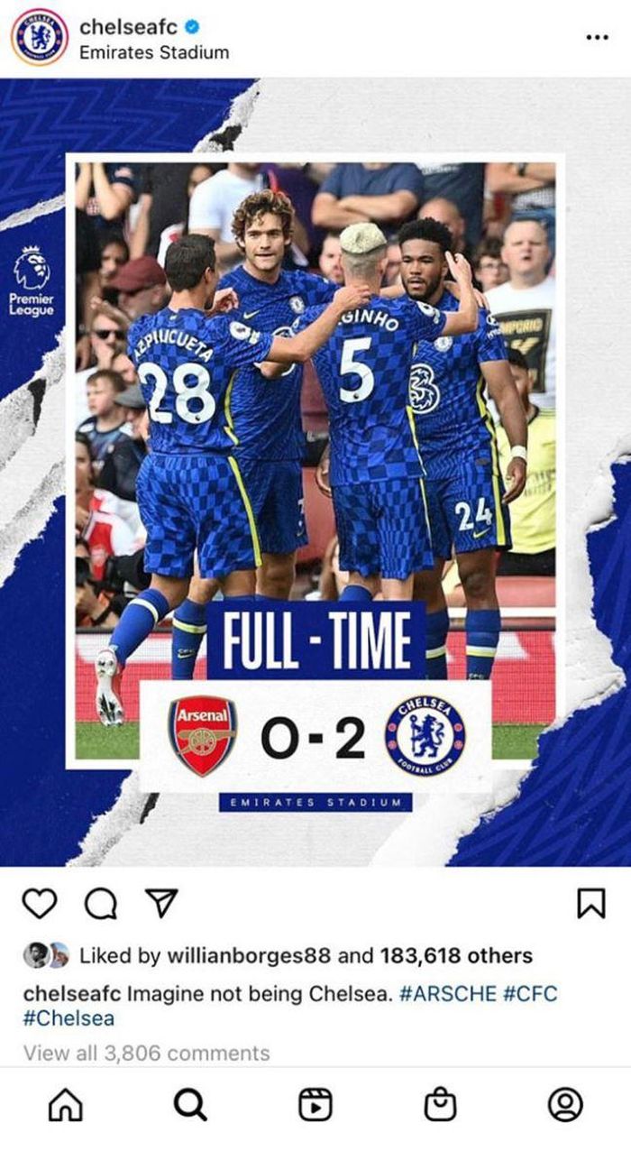 Willian thích bài đăng thông báo chiến thắng của Chelsea trên Instagram