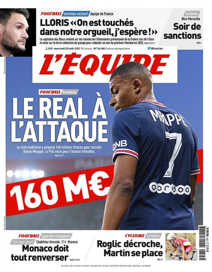 Trang bìa của tờ L'Equipe về thương vụ Mbappe.