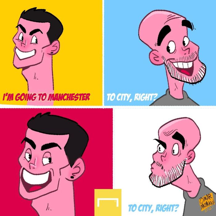  Họa sĩ biếm họa Omar Momani đã vẽ lại meme For the Better, Right? với Ronaldo và huấn luyện viên Pep Guardiola trong khung hình. HLV người Tây Ban Nha có lẽ đã mừng hụt khi nghĩ rằng mình sắp có được cựu cầu thủ Real Madrid. Ảnh: Omar Momani. 
