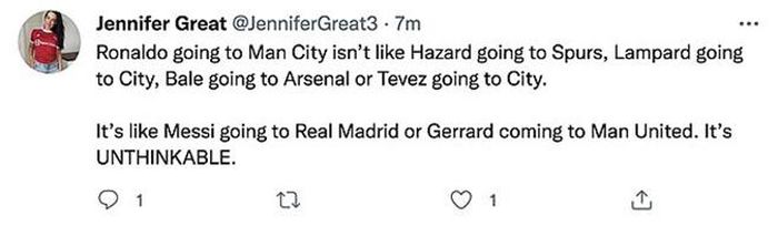 "Ronaldo sang Man City không giống như Hazard sang Spurs, Lampard sang City, Bale sang Arsenal hoặc Tevez City. Nó giống như Messi sang Real Madrid hoặc Gerrard sang MU ấy. Đó là thứ không thể tin nổi".