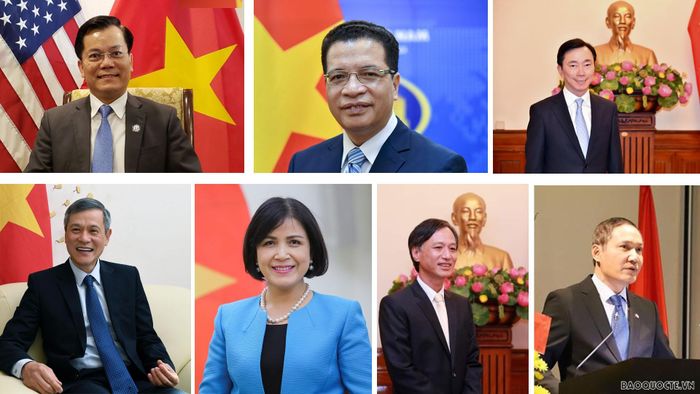 Ảnh trên xuống dưới, từ trái sang phải: Đại sứ Hà Kim Ngọc, Đại sứ Đặng Minh Khôi, Đại sứ Phạm Sanh Châu, Đại sứ Nguyễn Minh Vũ, Đại sứ Lê Thị Tuyết Mai, Đại sứ Nguyễn Tất Thành và Đại sứ Đỗ Minh Hùng.