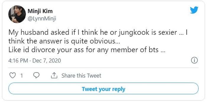Chồng tôi hỏi tôi là anh hay Jungkook nhìn sexy hơn… Tôi nghĩ câu trả lời đã quá rõ rồi… Kiểu, tôi sẽ ly dị anh ngay vì bất cứ thành viên BTS nào…