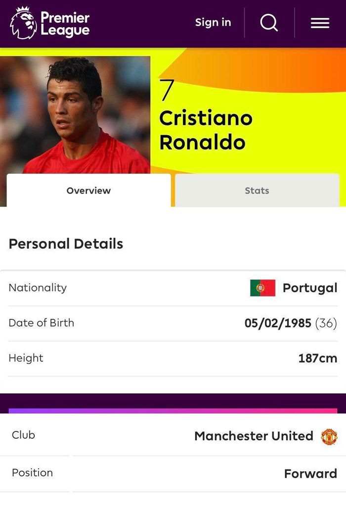 Trang chủ Premier League trong phần cập nhật hồ sơ cầu thủ cũng để Ronaldo là số 7 trước khi được để trống số áo
