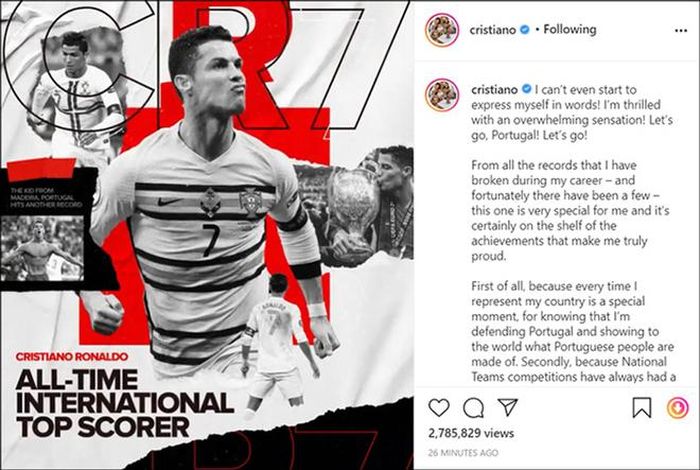 Ronaldo có chia sẻ dài trên Instagram sau khi lập kỷ lục thế giới
