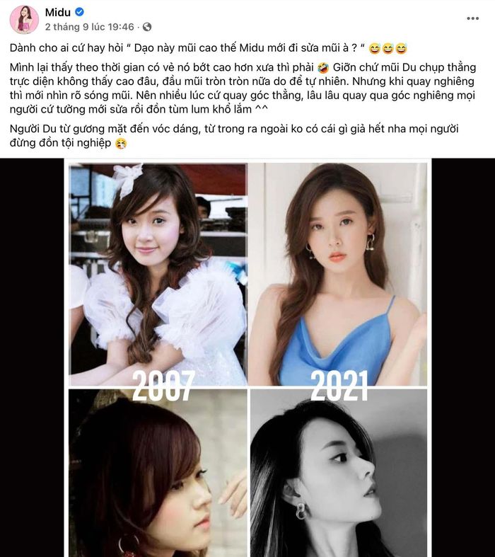 Trước những lời đồn chiếc mũi cao dọc dừa là nhờ cậy phương pháp nâng sống mũi, Midu từng cho biết sở dĩ sống mũi cô nàng có sự đổi khác là vì biết tận dụng góc chụp để "ăn gian" thêm vài phần hoàn hảo: "Khi chụp trực diện mũi Midu không hề cao, phải chuyển sang góc nghiêng mới nhìn thấy được".