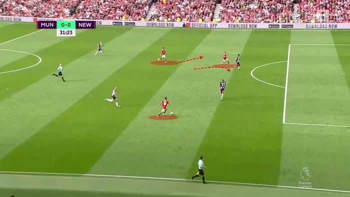  Bruno sẵn sàng thực hiện đường chuyền, Ronaldo lập tức thay đổi hướng di chuyển, tăng tốc. 
