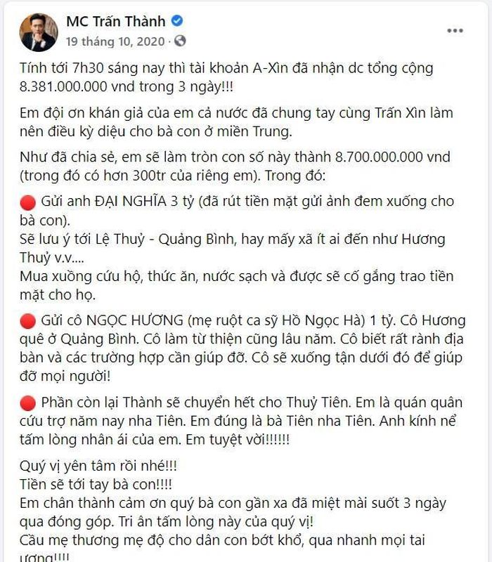 Ngày 19/10/2020, nam MC tổng kết lại số tiền đã kêu gọi quyên góp được.