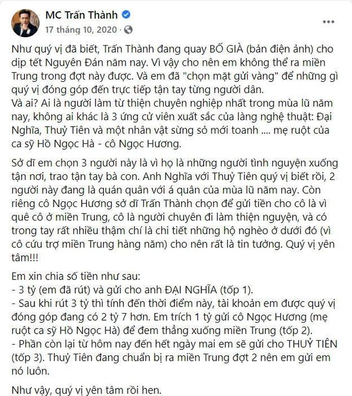 MC Trấn Thành giải thích lý do vì sao chuyển tiền cho nghệ sĩ Đại Nghĩa và mẹ Hồ Ngọc Hà để thay mình đi cứu trợ.