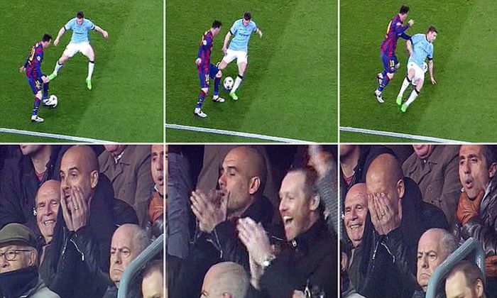 Tình huống Messi thoát khỏi James Milner năm 2015 và phản ứng thú vị của thầy cũ Pep Guardiola. Ảnh: Daily Mail.