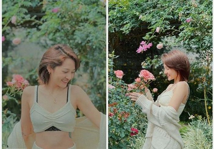Giọng ca “Lười yêu” ngọt ngào, tươi trẻ giữa vườn hồng với bra và cardigan đồng màu