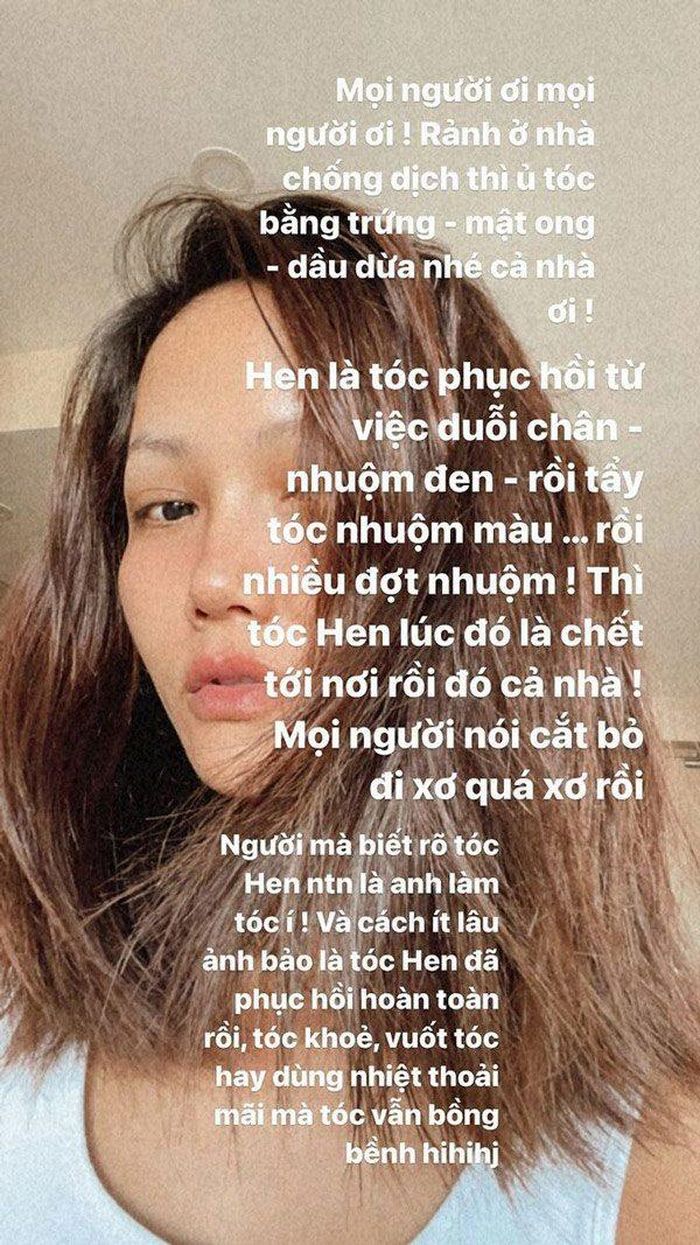 Mái tóc bóng mượt chắc khỏe dù cô tự cắt hơi lố tay.