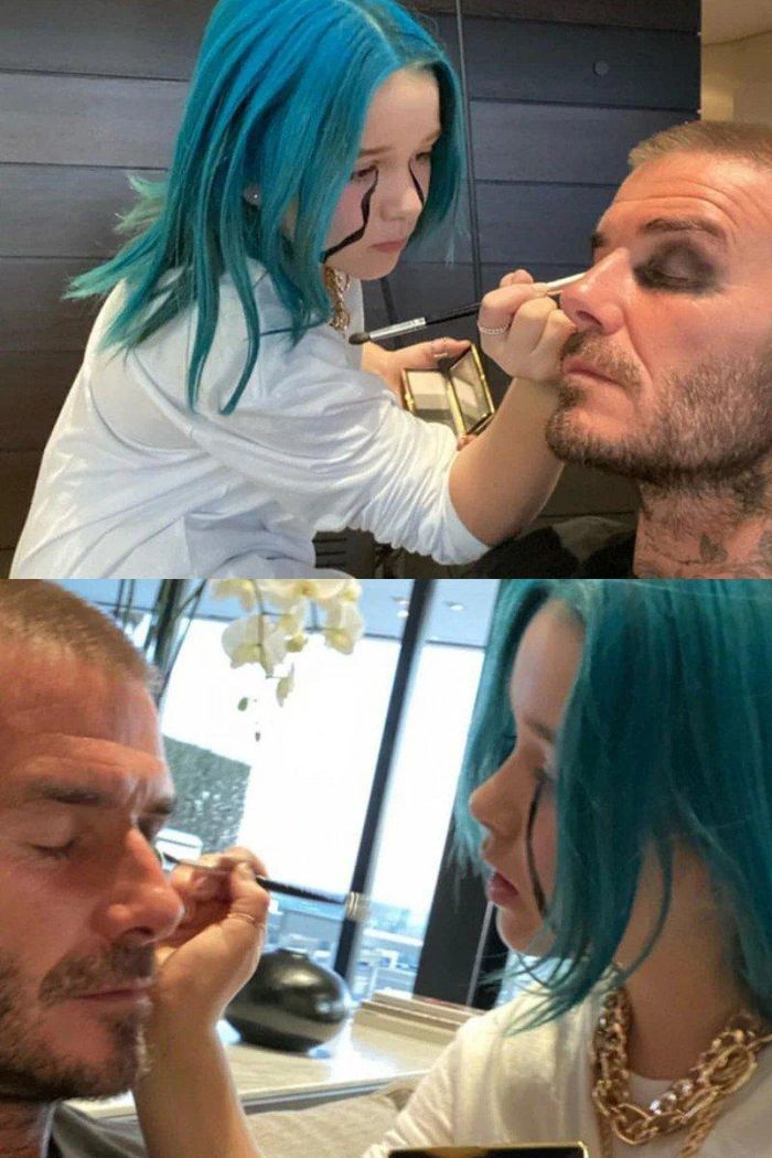 Vào dịp Halloween, Harper Beckham cũng mượn mỹ phẩm của mẹ để hóa trang cho bố và anh trai. Kết quả là nhóc tì đã giúp cả nhà có cosplay thành các nhân vật phim ảnh cực ấn tượng. Chính sự quan tâm chăm sóc của nhóc tì dành cho các thành viên trong gia đình cũng như việc thành thạo làm đẹp của nhóc tì làm không ít người thích thú.