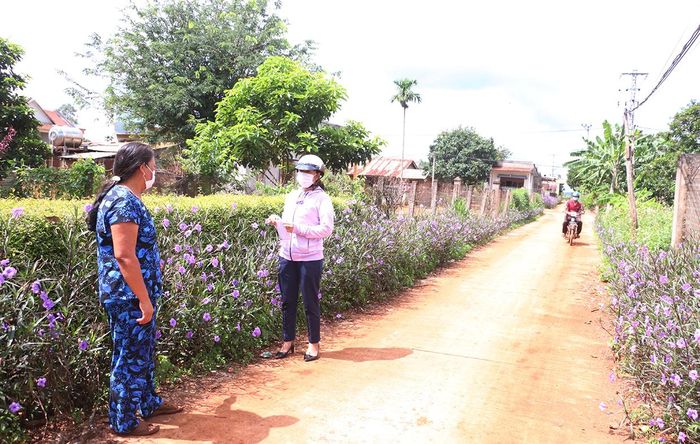 Chị Võ Thị Toan (bìa phải) vận động hội viên triển khai mô hình “Con đường hoa”. Ảnh: Quang Tấn