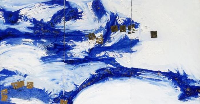 Bức tranh tạm đặt tên là “Miền xanh 3” (tổng hợp trên toan, 130cm x 240cm, 2021)