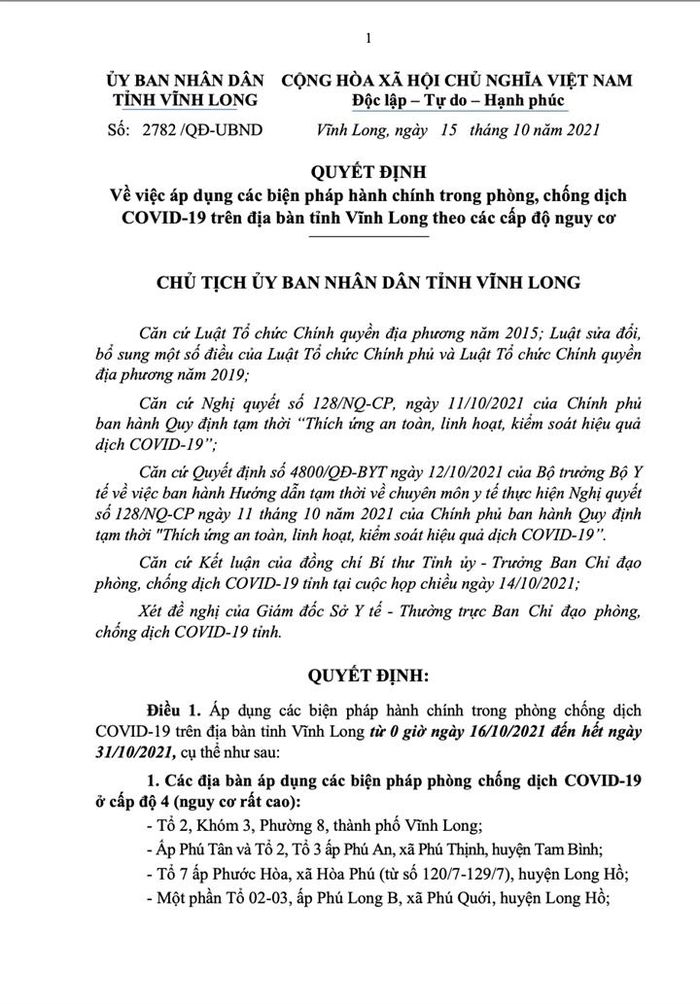 Quyết định của UBND tỉnh Vĩnh Long.